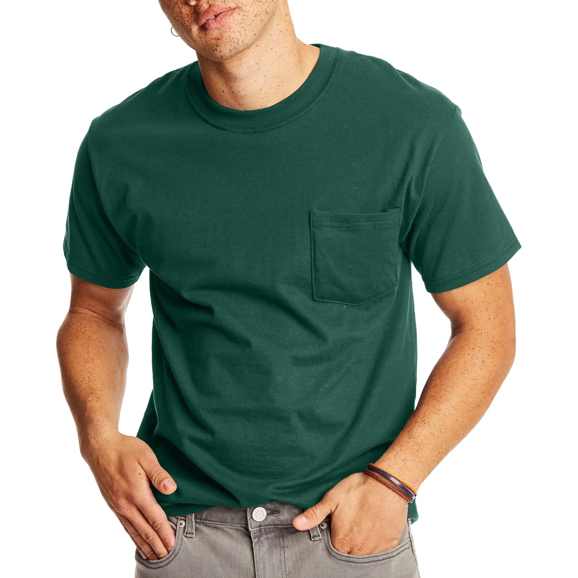Hanes Men's Short Sleeve Beefy-T with Pocket, Deep Forest, Small | Heavyweight Cotton, Classic Fit — Deep Forest