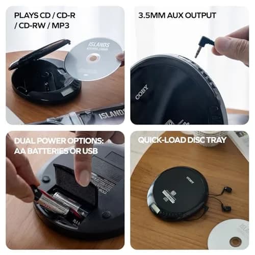 Coby Portable CD Player CD191BLK with FM Radio, 60-Second Anti-Skip, USB & AA Power, 3.5mm Jack | Plays CD, CD-R, CD-RW, MP3 Discs thumbnail 4