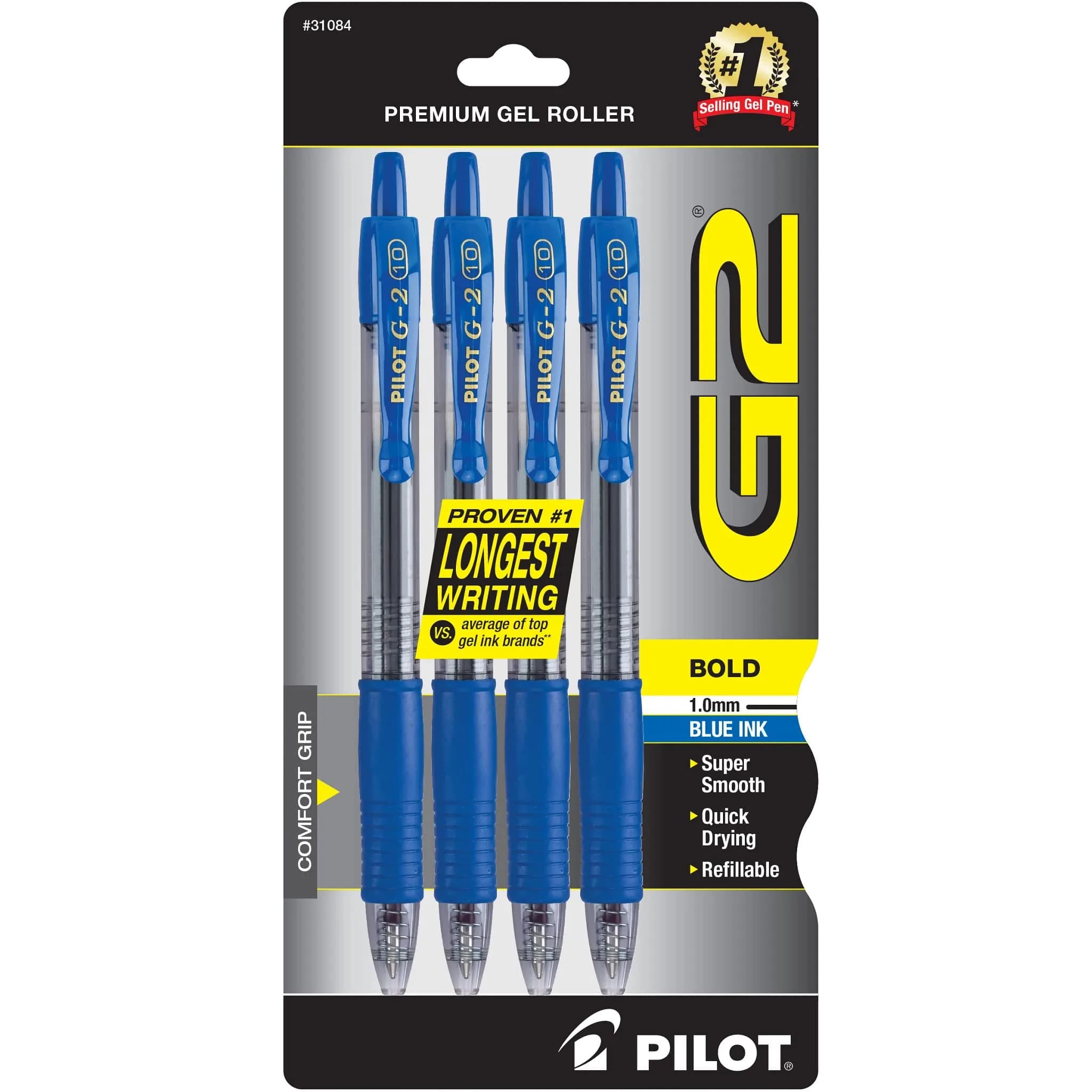 PILOT G2 Premium Gel Pens 1.0mm | Bold Blue Ink, Pack of 4, Long-Lasting & Refillable