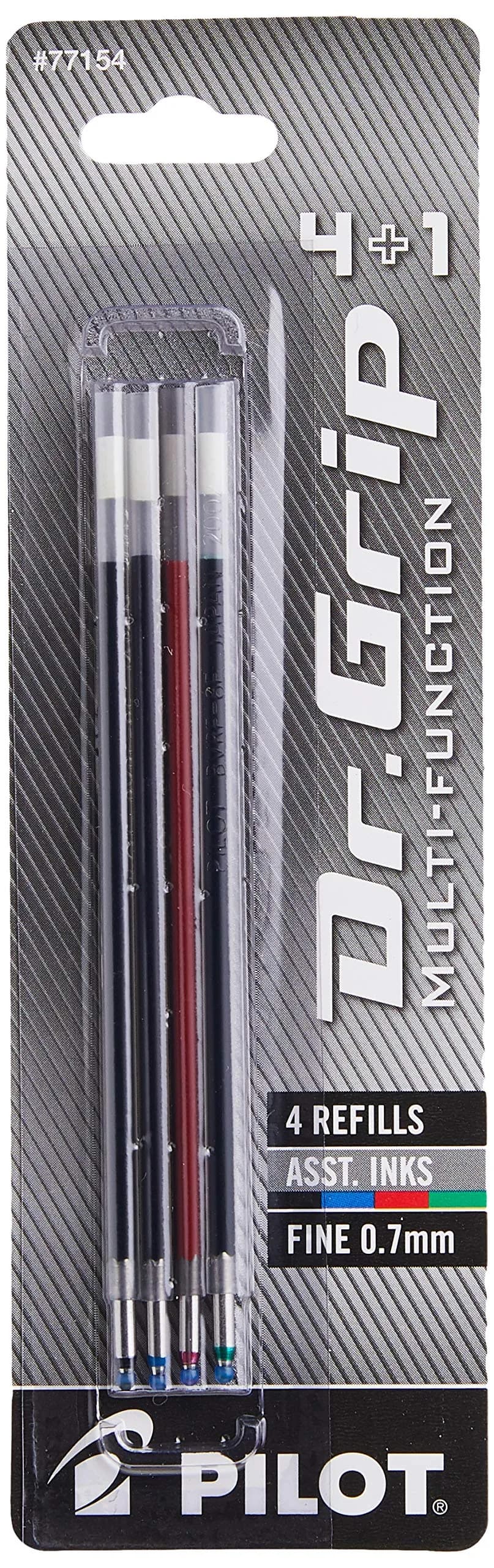 PILOT Dr. Grip 4+1 Multi-Function Ballpoint Ink Refills, Fine Point, Black/Red/Blue/Green Inks, Assorted Colors, 4 Count (Pack of 1) - main product image
