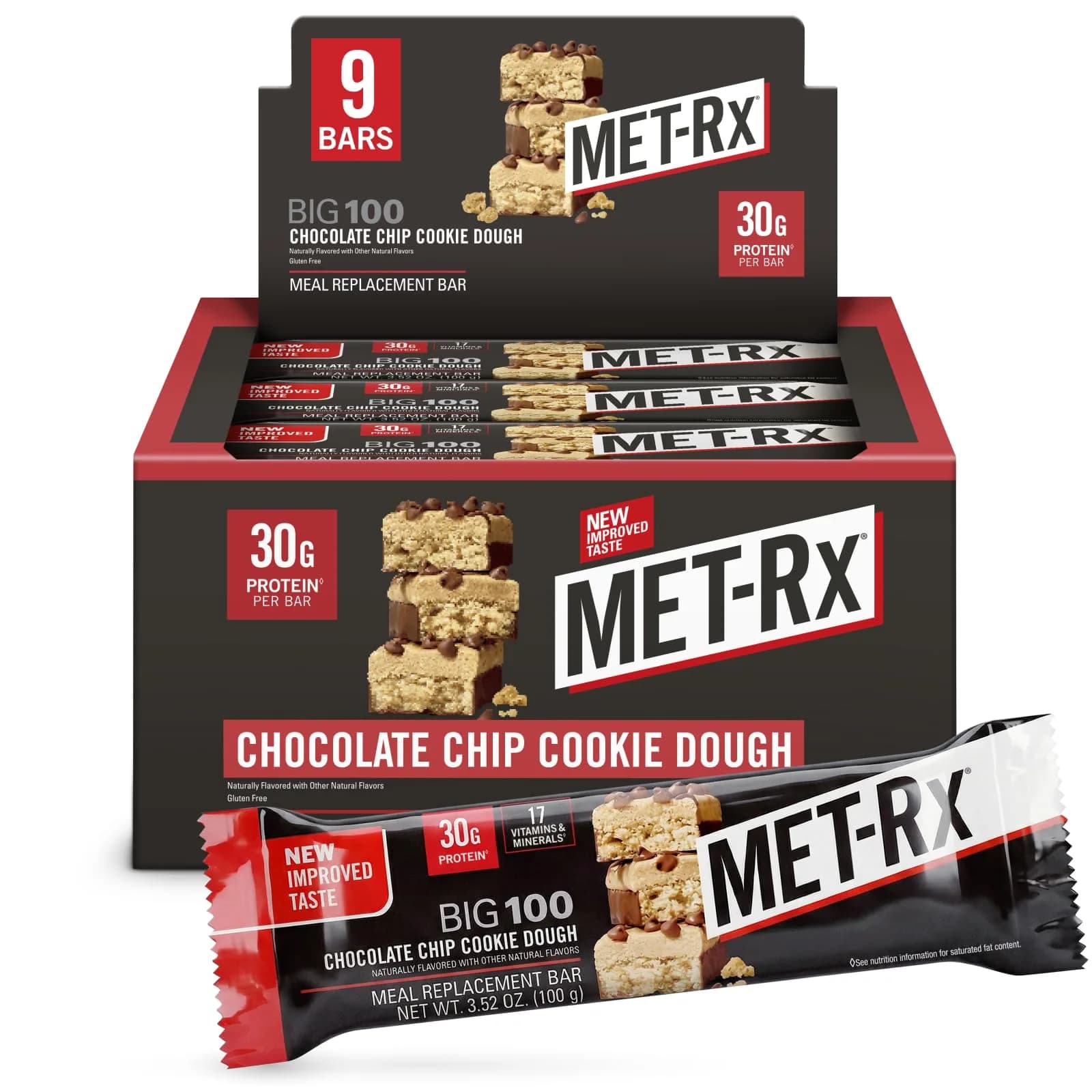 MET-Rx Big 100 Protein Bars, Chocolate Chip Cookie Dough | 30g Protein, High-Quality Snack for Muscle Support