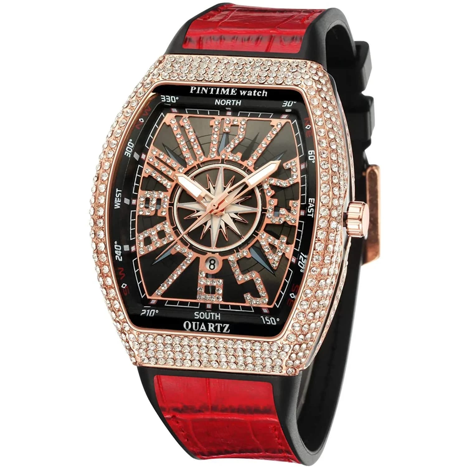FANMIS Men's Rectangle Skull Watch 42.5mm (Silver Red) | Big Face Diamond Dial Leather Strap — Rose Red