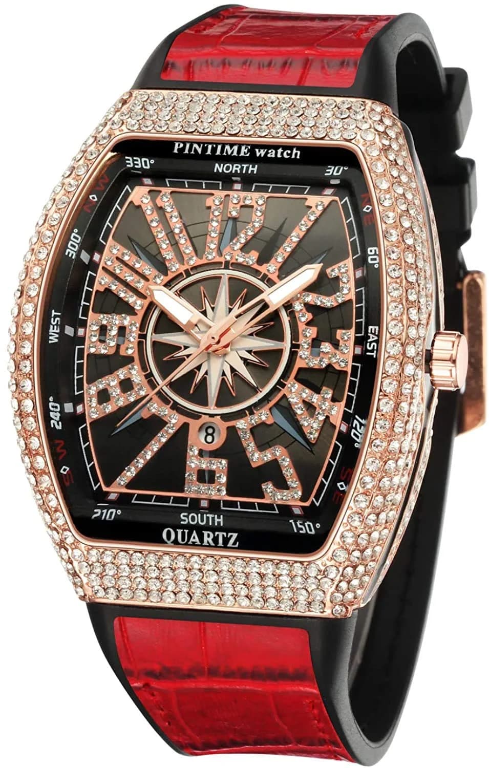 FANMIS Men's Rectangle Skull Watch 47mm (Rose Red) | Bling Diamond Dial Quartz