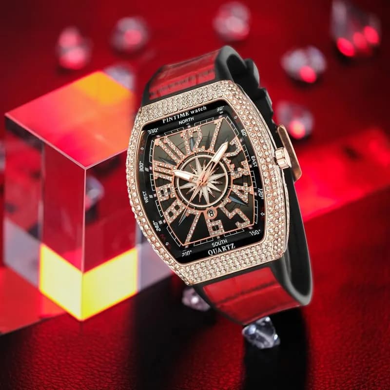 FANMIS Men's Rectangle Skull Watch 47mm (Rose Red) | Bling Diamond Dial Quartz thumbnail 6