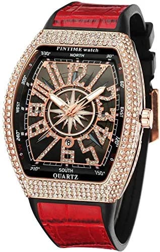 FANMIS Men's Rectangle Skull Watch 47mm (Rose Red) | Bling Diamond Dial Quartz thumbnail 1