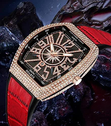 FANMIS Men's Rectangle Skull Watch 47mm (Rose Red) | Bling Diamond Dial Quartz thumbnail 2