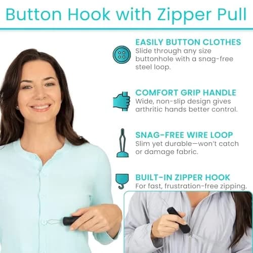 Vive Button Hook with Zipper Pull | Assist Tool for Arthritis & Limited Dexterity (70-120 chars) thumbnail 2