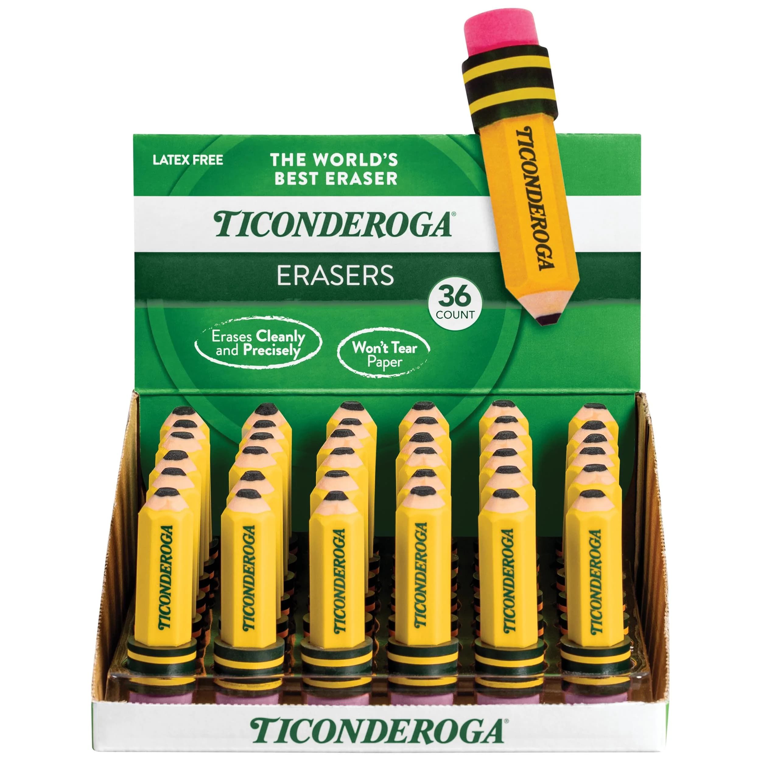 Ticonderoga Pencil Shaped Erasers Yellow 36-Pack | Smudge-Free Corrections — 36-Pack