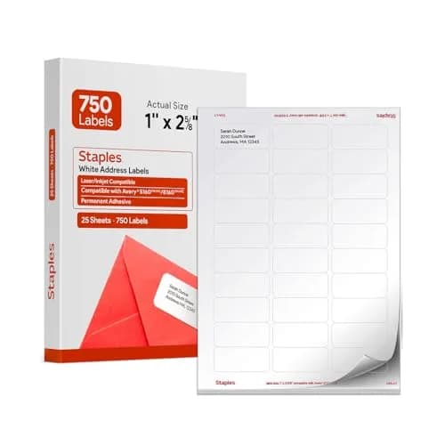 Staples Address Labels 1x2.625 Inch White | Laser & Inkjet Compatible, 750 Labels thumbnail 1