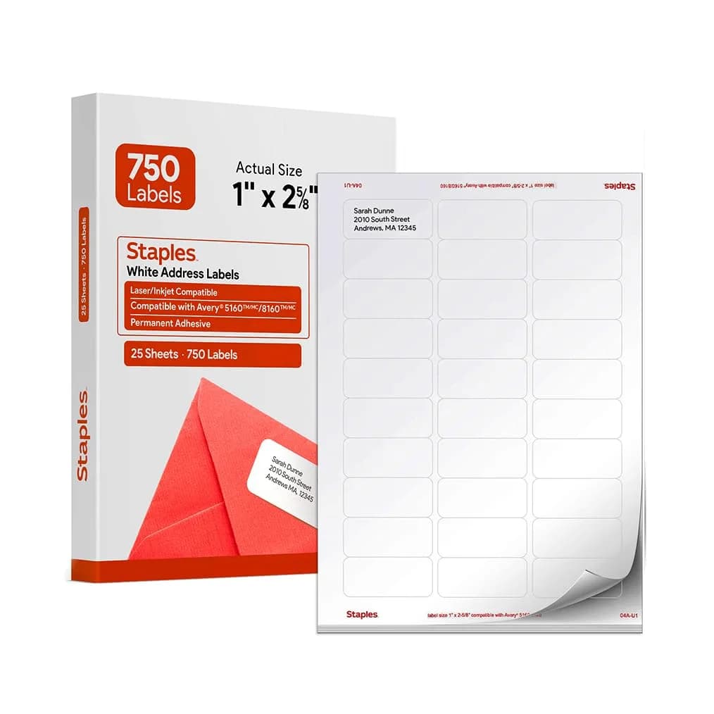 Staples Address Labels 1x2.625 Inch White | Laser & Inkjet Compatible, 750 Labels
