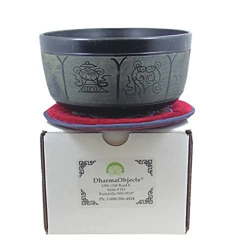 DharmaObjects Yoga Meditation 6 Inches 8 Lucky Symbols Singing Bowl/ Cushion/ Leather Mallet Gift Set (Black) | Deep Relaxation & Chakra Balance thumbnail 5