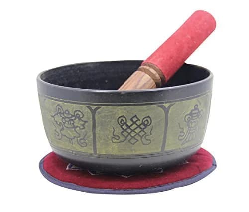 DharmaObjects Yoga Meditation 6 Inches 8 Lucky Symbols Singing Bowl/ Cushion/ Leather Mallet Gift Set (Black) | Deep Relaxation & Chakra Balance - main product image