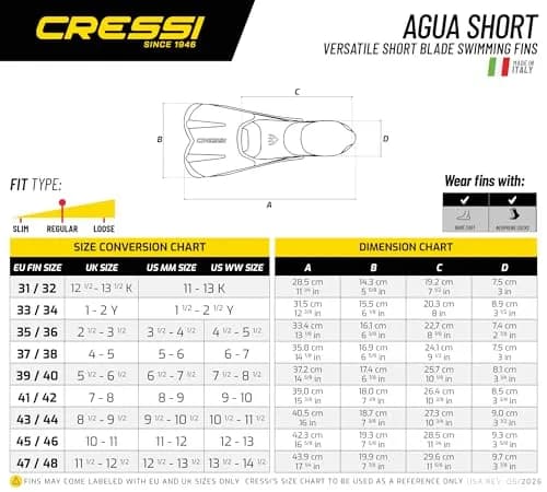 Cressi Agua Short Full Foot Pocket Fins, Blue/Azure, EU 37/38 | Versatile Snorkel & Swim Fin thumbnail 5