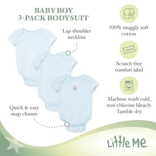 Little Me Baby-Boys Bodysuit 3 Pack | Soft Cotton, Newborn to 9M thumbnail 3