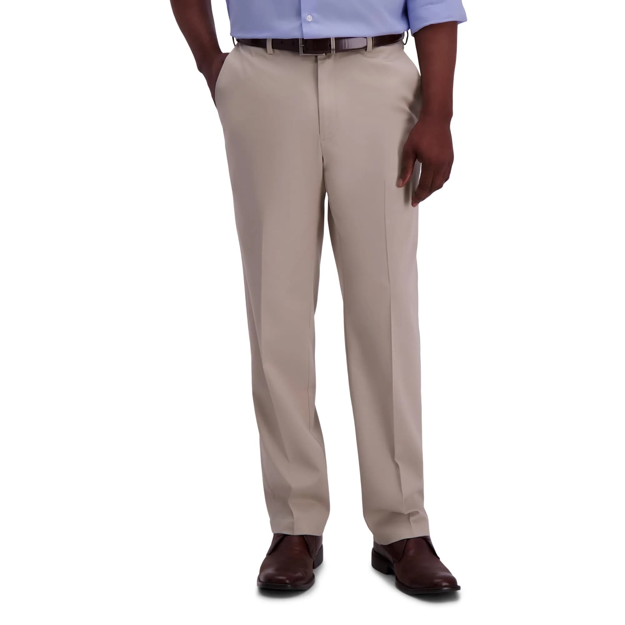 Haggar Premium No Iron Khaki Classic Fit Expandable Waist Flat Front Pant, Sand, 38W x 30L | Versatile, Easy-Care Dress Pant for Men