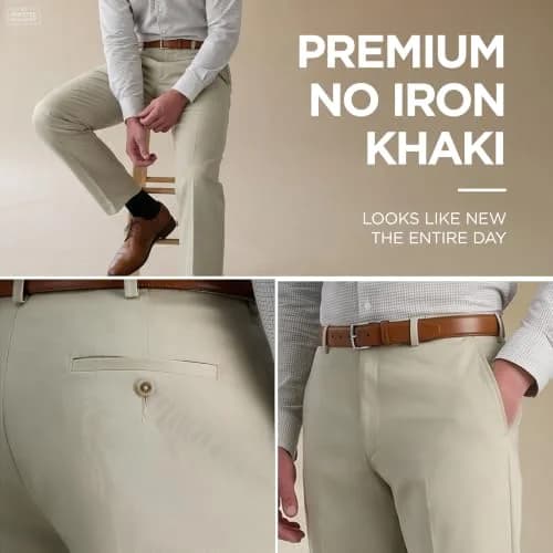 Haggar Premium No Iron Khaki Classic Fit Expandable Waist Flat Front Pant, Sand, 38W x 30L | Versatile, Easy-Care Dress Pant for Men thumbnail 3