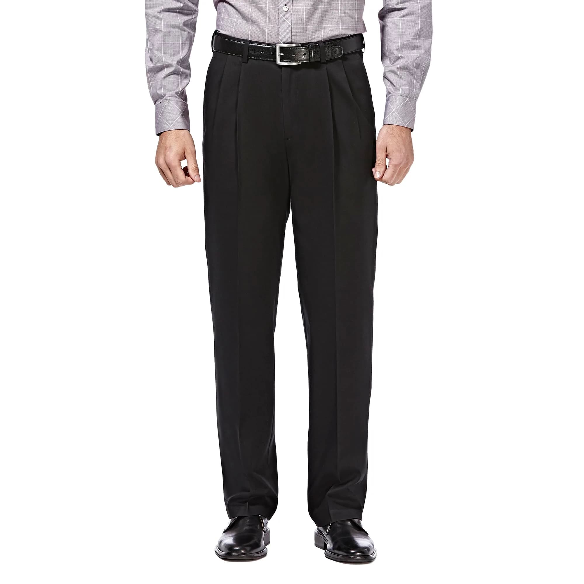 Haggar Men's Classic Fit Premium No Iron Khaki Pleated Pant | Stretch Cotton Blend, Hidden Expandable Waistband, Business Casual