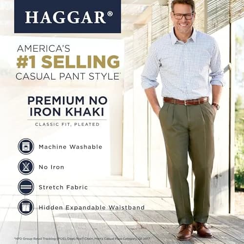 Haggar Men's Classic Fit Premium No Iron Khaki Pleated Pant | Stretch Cotton Blend, Hidden Expandable Waistband, Business Casual thumbnail 3