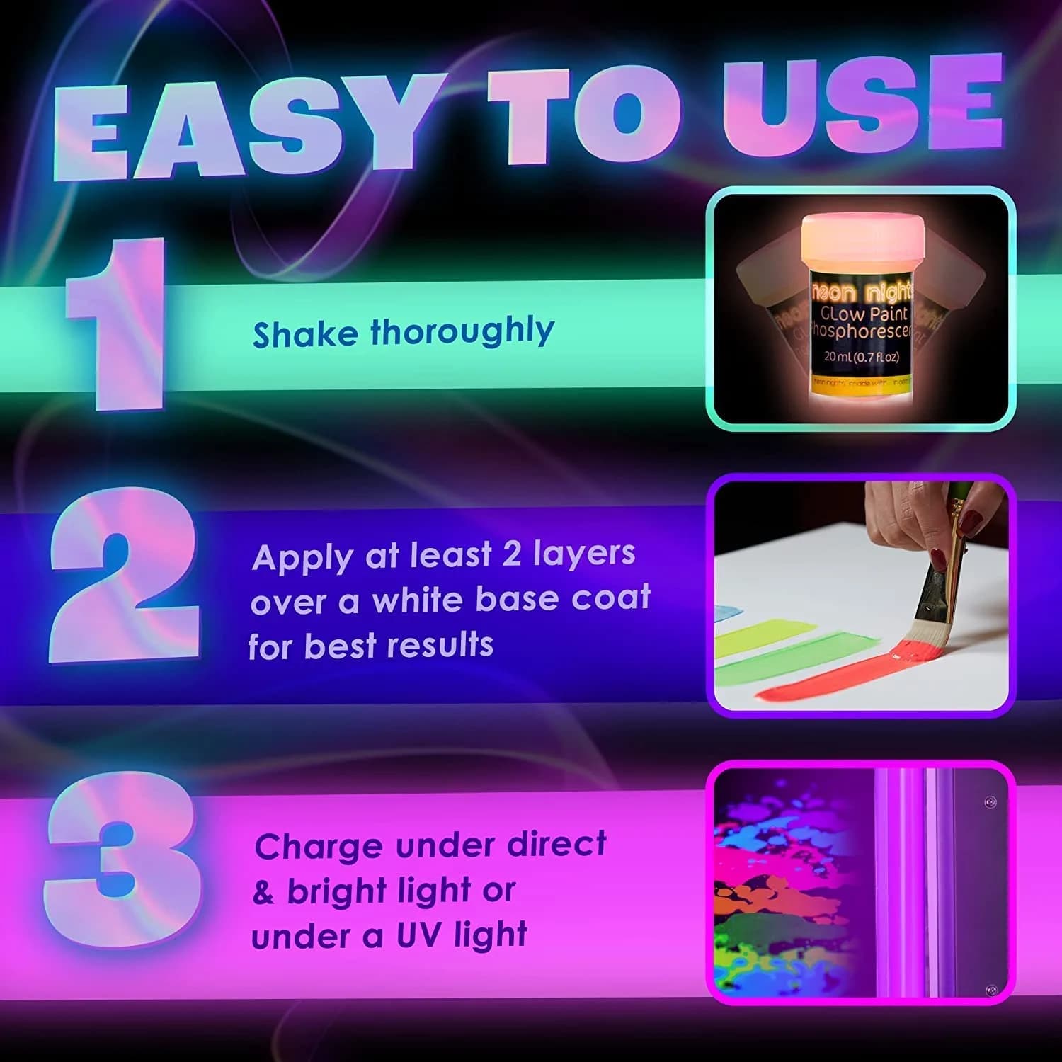 neon nights Glow in The Dark Acrylic Paint Set | 8 x 20ml (0.7 fl oz) Bottles | Vibrant Neon & Luminescent Colors - view 6