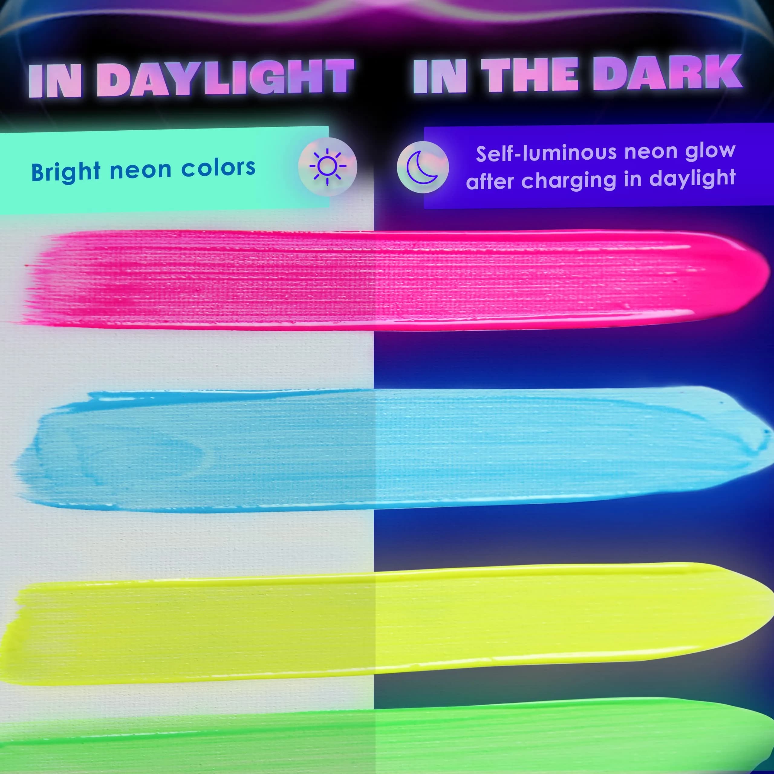 neon nights Glow in The Dark Acrylic Paint Set | 8 x 20ml (0.7 fl oz) Bottles | Vibrant Neon & Luminescent Colors - view 7