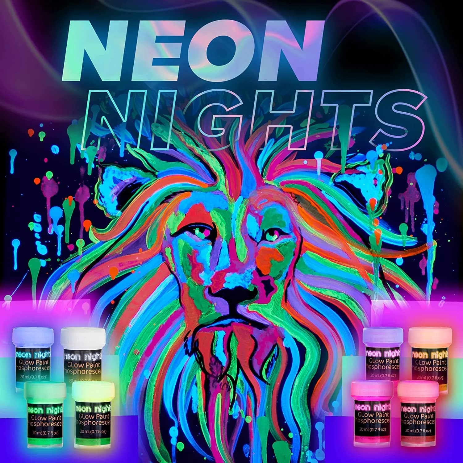 neon nights Glow in The Dark Acrylic Paint Set | 8 x 20ml (0.7 fl oz) Bottles | Vibrant Neon & Luminescent Colors - view 8