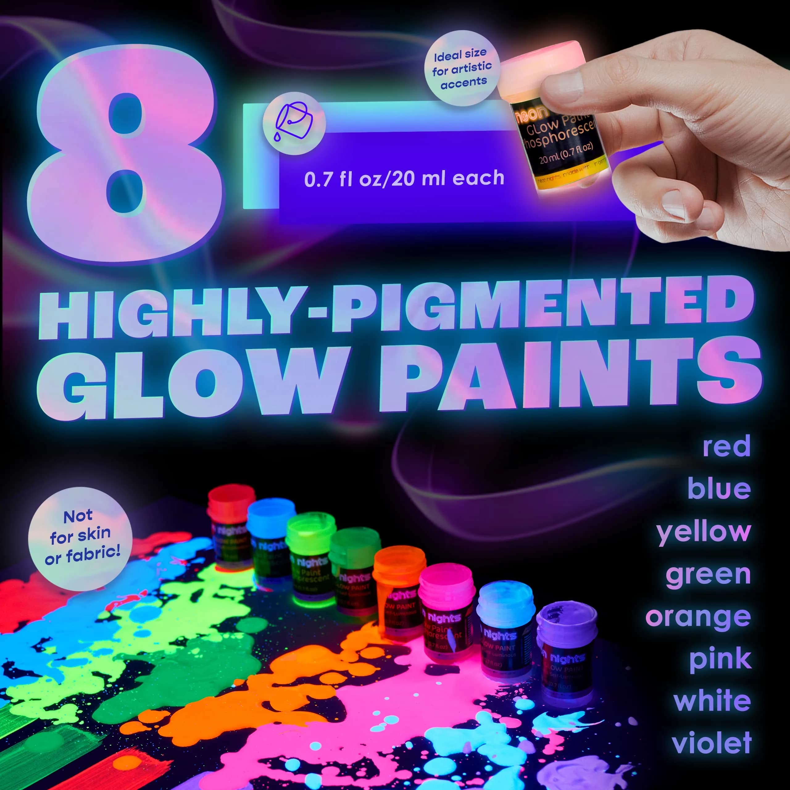 neon nights Glow in The Dark Acrylic Paint Set | 8 x 20ml (0.7 fl oz) Bottles | Vibrant Neon & Luminescent Colors - view 2
