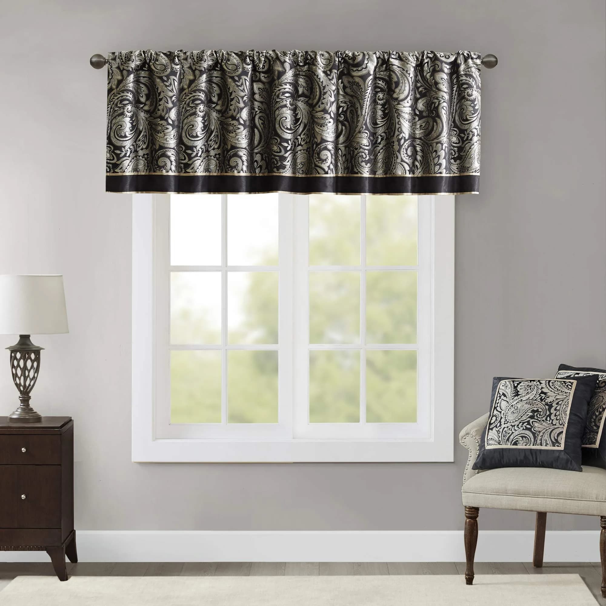 Madison Park Faux Silk Paisley Jacquard Valance, 50x18" Black | Elegant Rod Pocket Window Decor