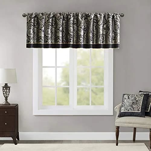 Madison Park Faux Silk Paisley Jacquard Valance, 50x18" Black | Elegant Rod Pocket Window Decor thumbnail 1