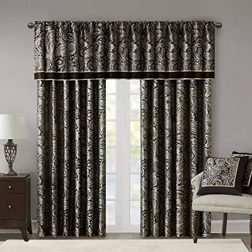 Madison Park Faux Silk Paisley Jacquard Valance, 50x18" Black | Elegant Rod Pocket Window Decor thumbnail 5