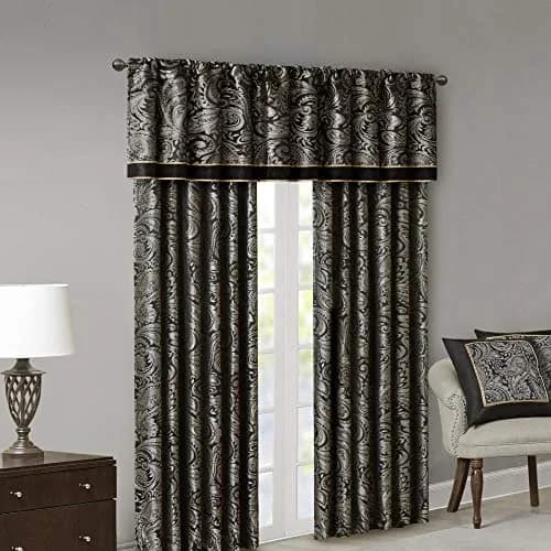 Madison Park Faux Silk Paisley Jacquard Valance, 50x18" Black | Elegant Rod Pocket Window Decor thumbnail 6