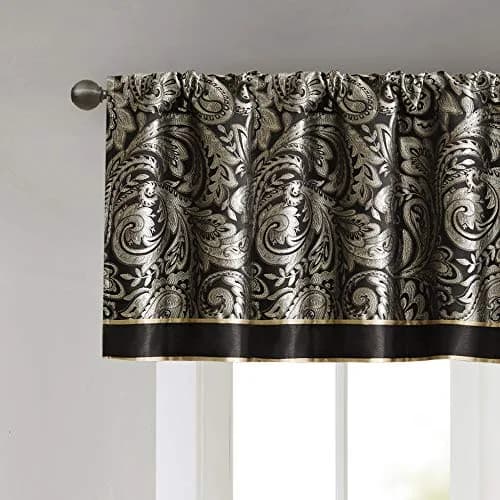 Madison Park Faux Silk Paisley Jacquard Valance, 50x18" Black | Elegant Rod Pocket Window Decor thumbnail 3