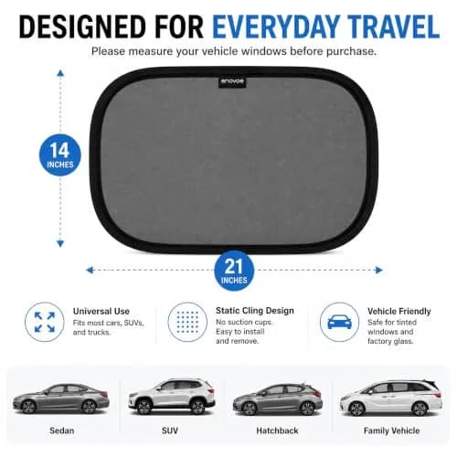 Enovoe Car Window Shades for Baby (4 Pack) 35.5cm x 21in | Static Cling Sun Blocker for SUV & Cars thumbnail 5