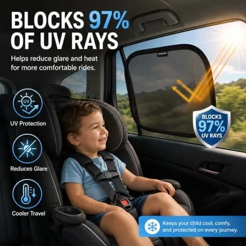 Enovoe Car Window Shades for Baby (4 Pack) 35.5cm x 21in | Static Cling Sun Blocker for SUV & Cars thumbnail 2
