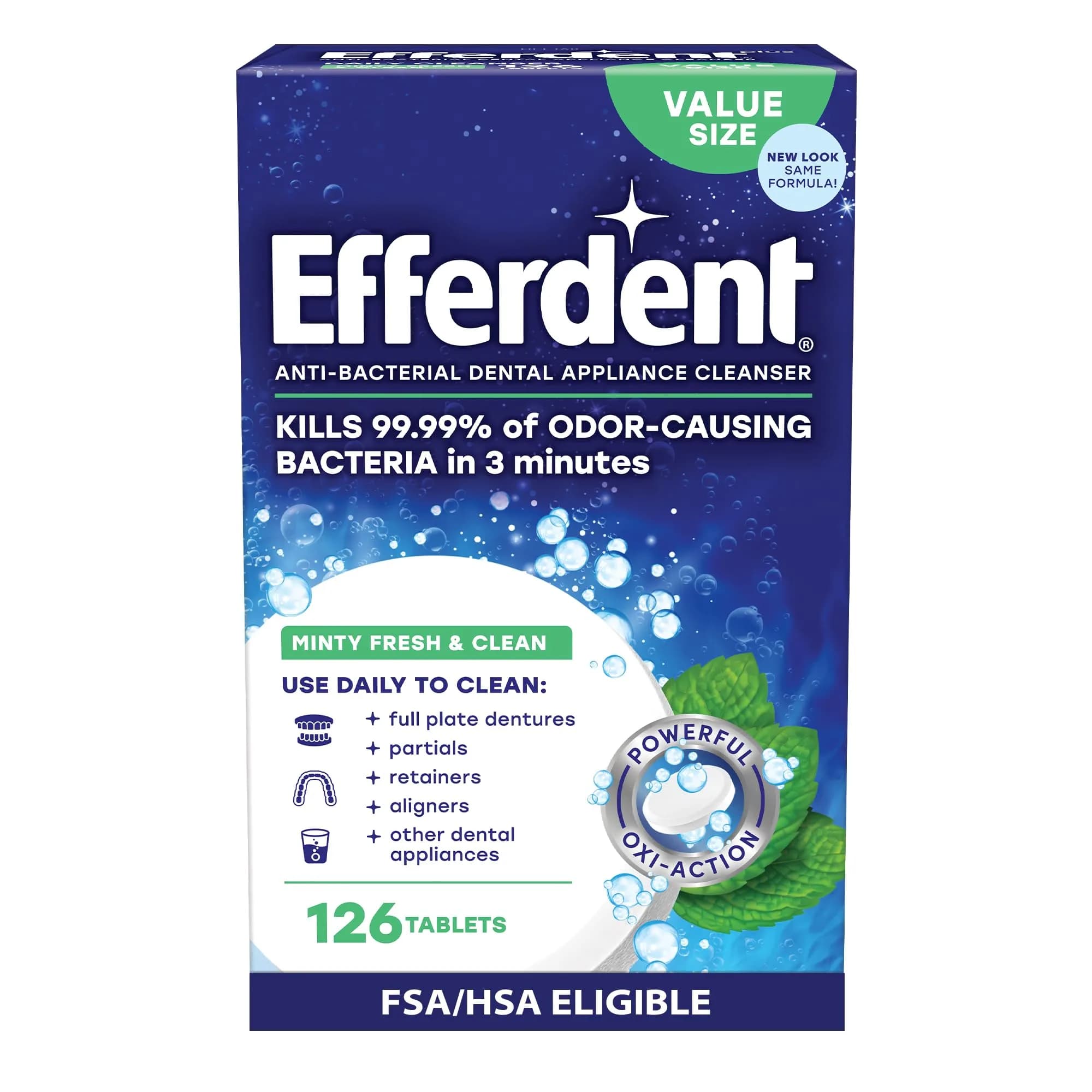 Efferdent Minty Fresh & Clean Denture Cleaner Tablets 90 Count | Kills 99.99% Bacteria — Denture Cleanser Tablets / Tablets
