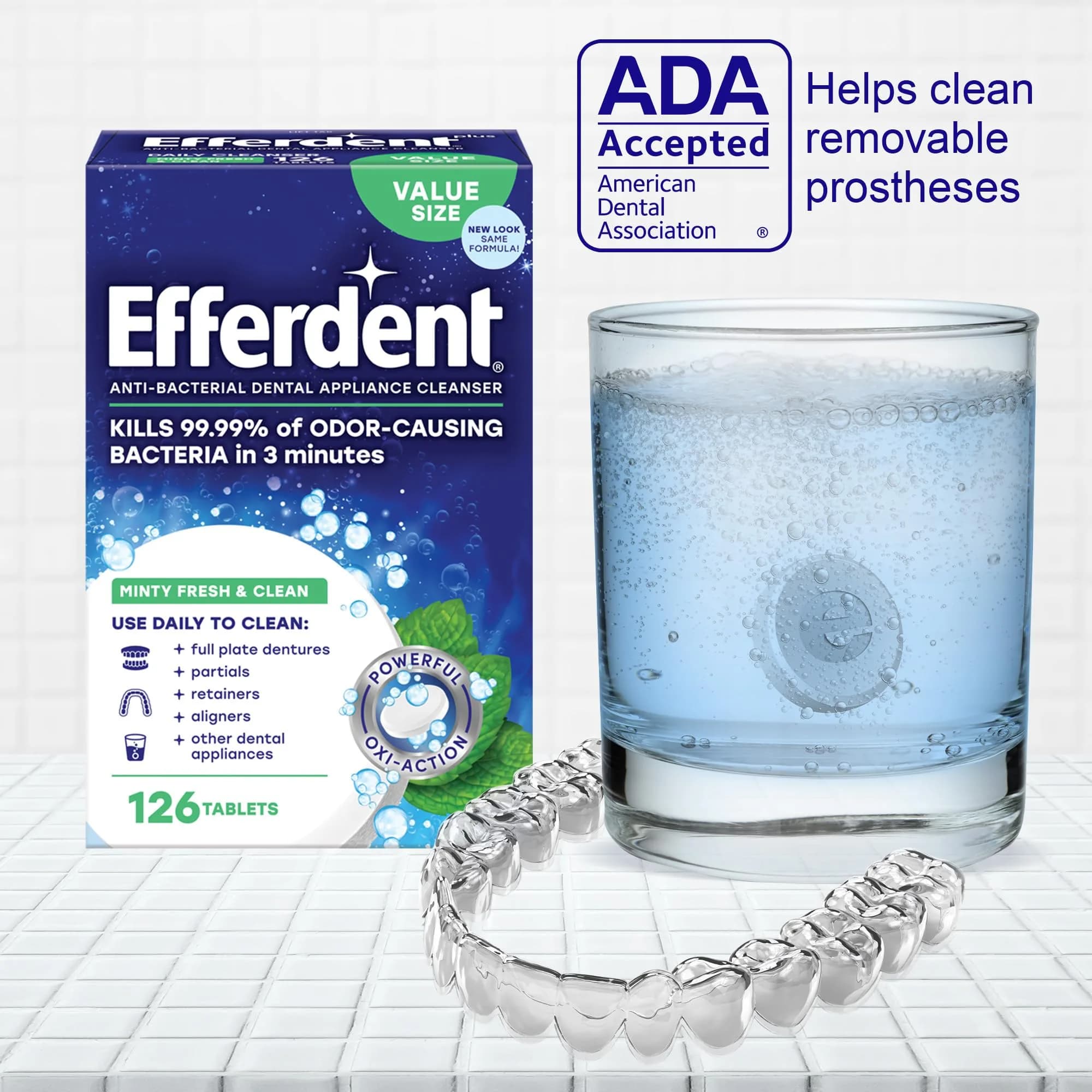 Efferdent Denture Cleanser Tablets for Dental Appliances, 126 Count | Kills 99.99% Bacteria in 3 Mins - view 4