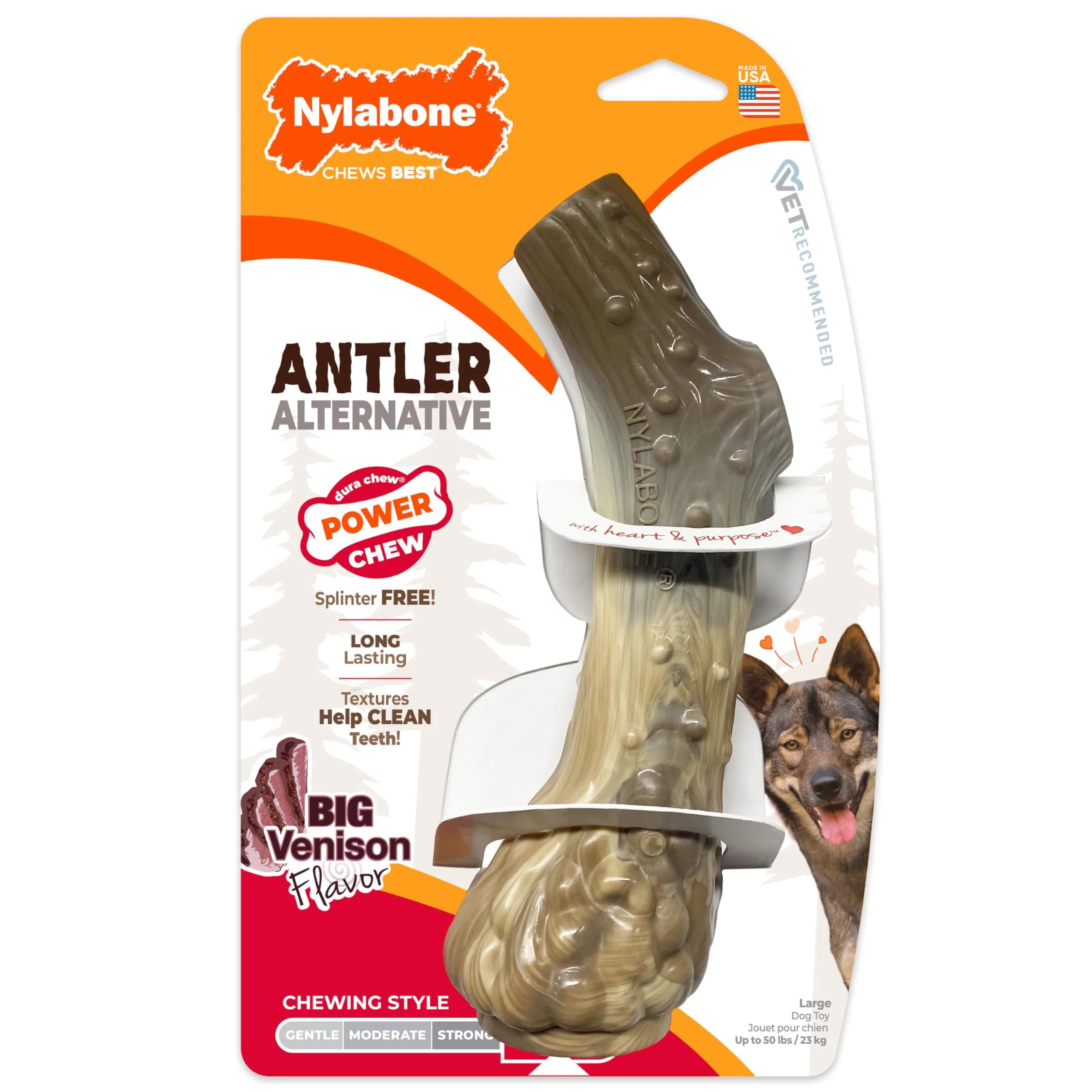 Nylabone Power Chew Antler Alternative Nylon Chew Toy for Dogs, Large, Venison Flavor | Durable & Safe Chew for Aggressive Dogs