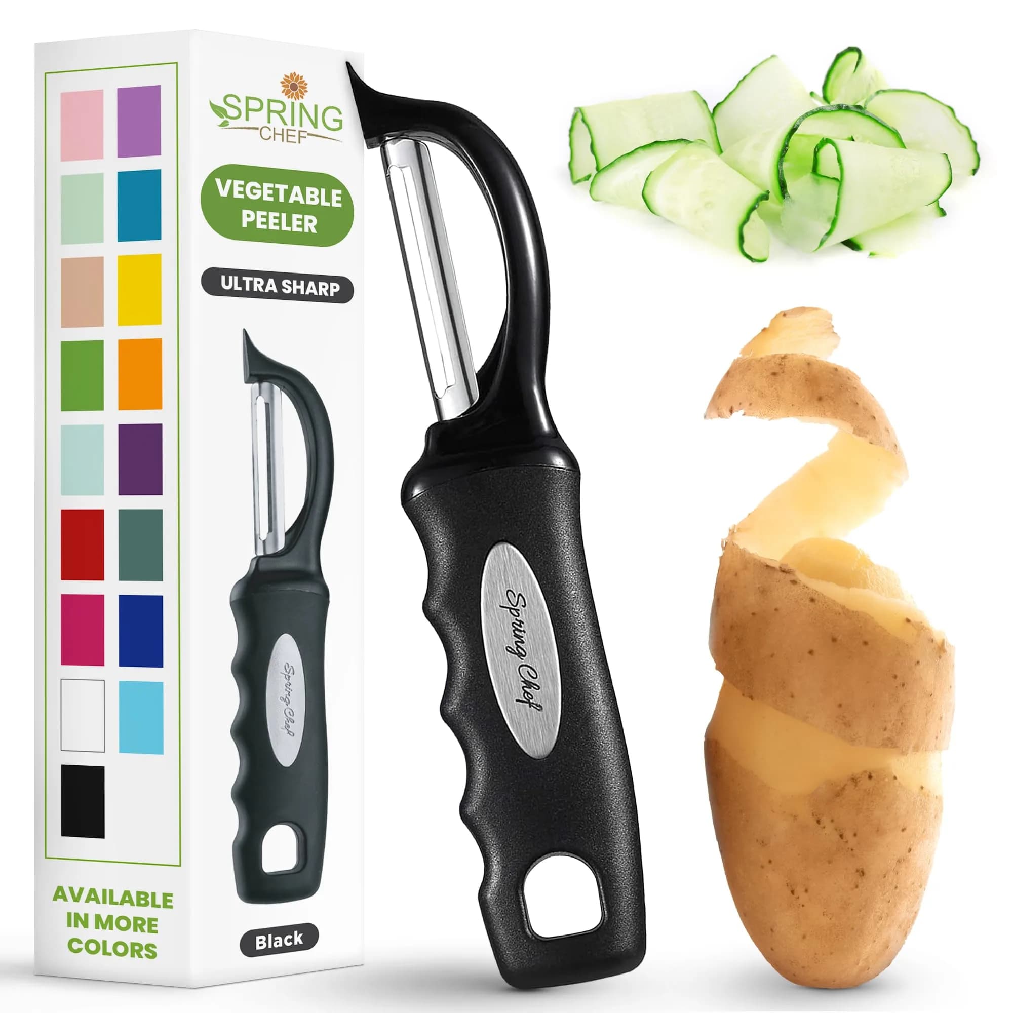 Spring Chef Swivel Vegetable Peeler Black | Dual Stainless Steel Blades & Soft Grip Handle (19 cm / 7.5 inch) - main product image