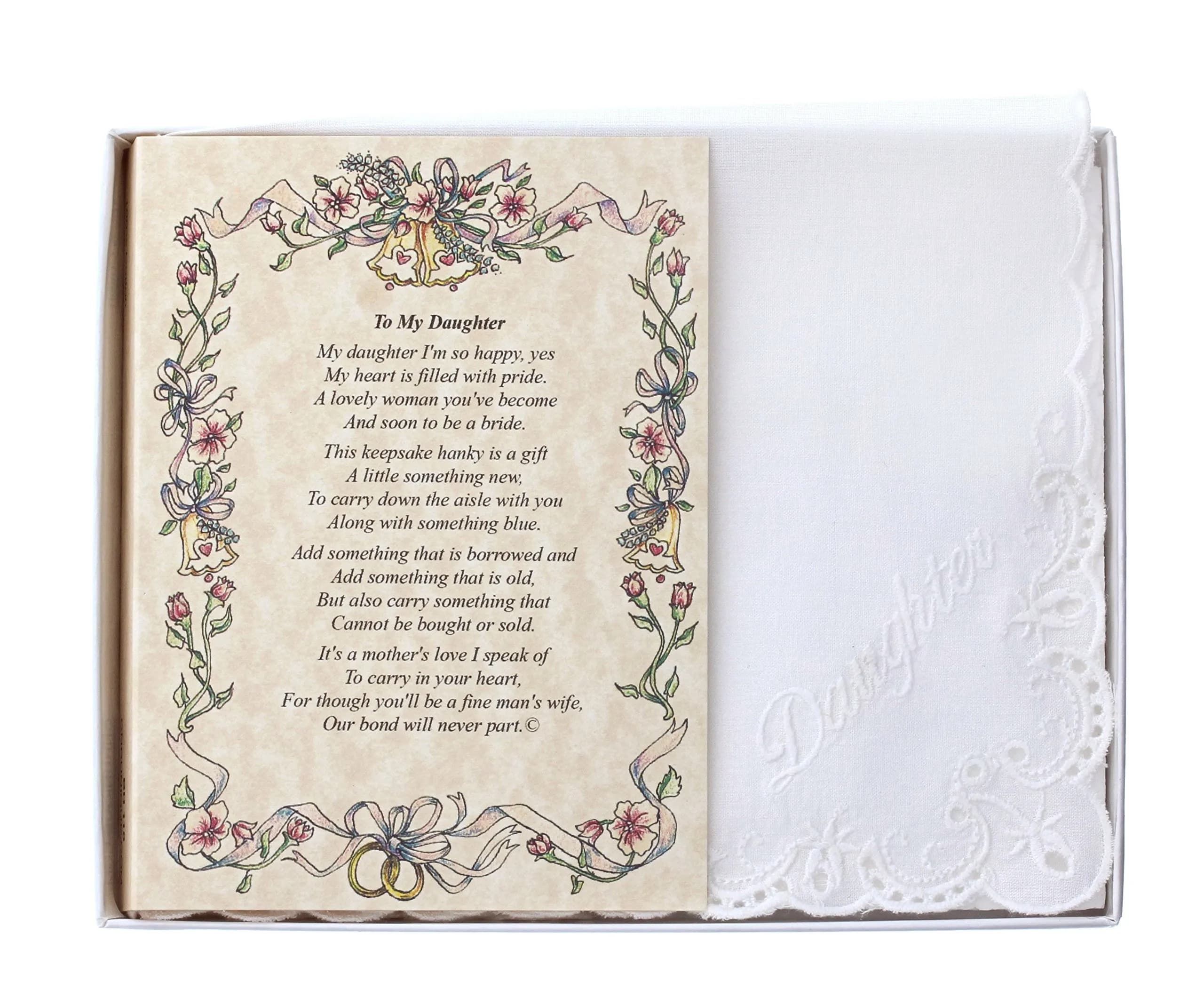 Wedding Collectibles Wedding Handkerchief Poetry Hankie (Mother to Daughter) White, Lace Embroidered | Keepsake Gift — To My Daughter (from the Bride's Mother) Wedding Handkerchief