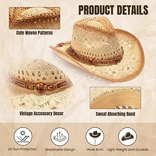 Simplicity Cowboy Hat for Men, Straw Western Hat, Brown with Leather Band | Classic Western Style for Men thumbnail 2
