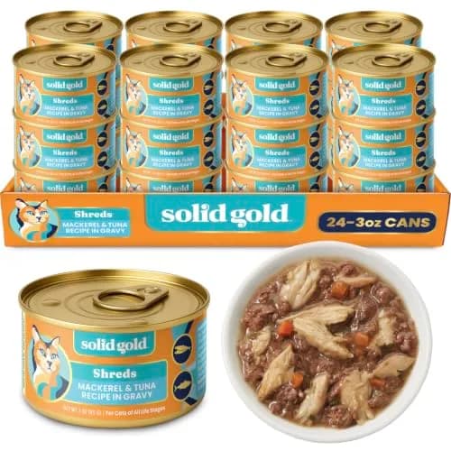 Solid Gold Wet Cat & Kitten Food, Mackerel & Tuna Shreds in Gravy, 24ct | Grain-Free, Holistic Nutrition for Cats & Kittens thumbnail 1