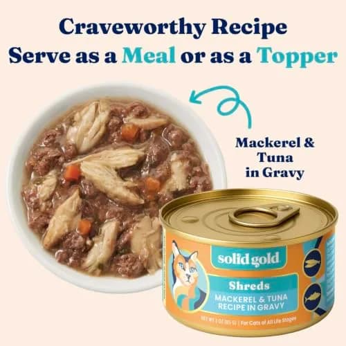 Solid Gold Wet Cat & Kitten Food, Mackerel & Tuna Shreds in Gravy, 24ct | Grain-Free, Holistic Nutrition for Cats & Kittens thumbnail 4