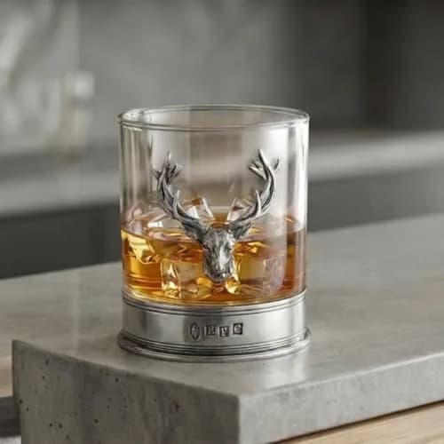 English Pewter Company 11oz Old Fashioned Whisky Rocks Glass with Stag Deer Head Pewter Base thumbnail 2