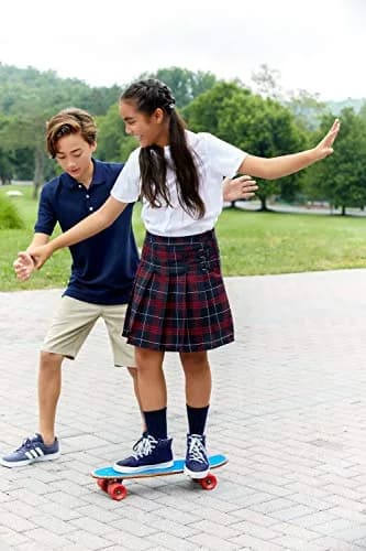 French Toast Girls' Adjustable Waist Plaid 2-Tab Scooter, Navy & Red Plaid, 10 | Built-in Shorts, Preppy Style, Above Knee thumbnail 6