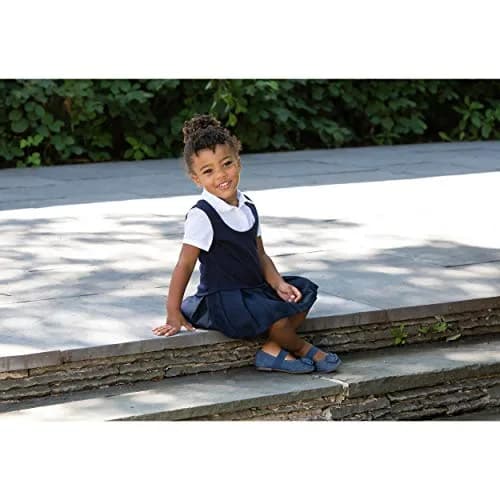 French Toast Girls' Short Sleeve 2-Fer Pleated Dress, Navy, 10 | School Uniform Look with Easy Pull-On Comfort thumbnail 2