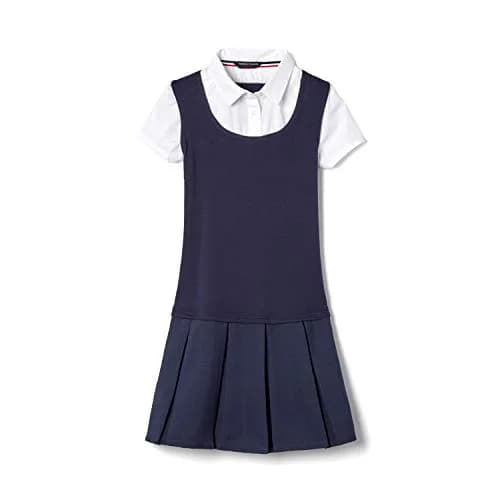 French Toast Girls' Short Sleeve 2-Fer Pleated Dress, Navy, 10 | School Uniform Look with Easy Pull-On Comfort - main product image