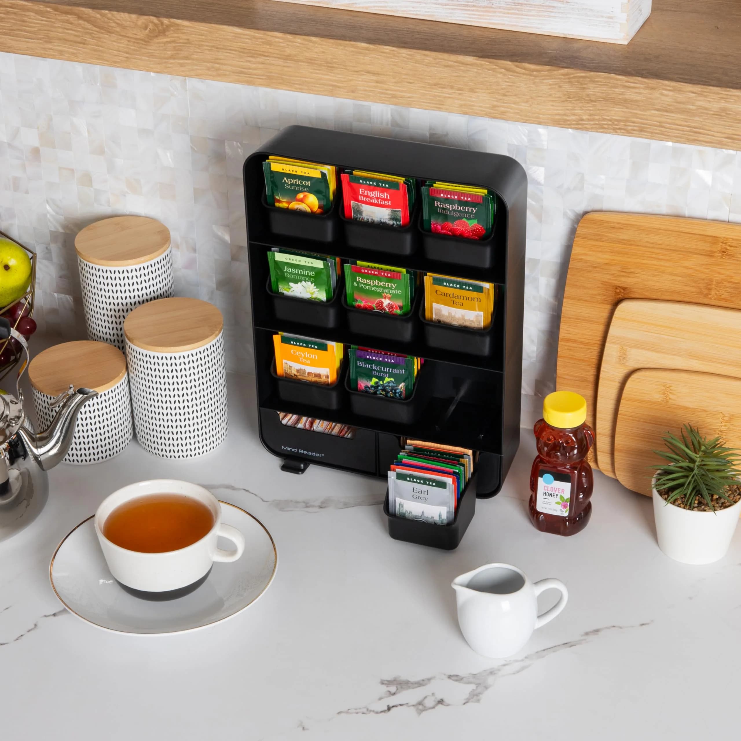 Mind Reader 11-Drawer Tea Bag Organizer Station | 26cm (10.25") Black Plastic Countertop Storage - view 5