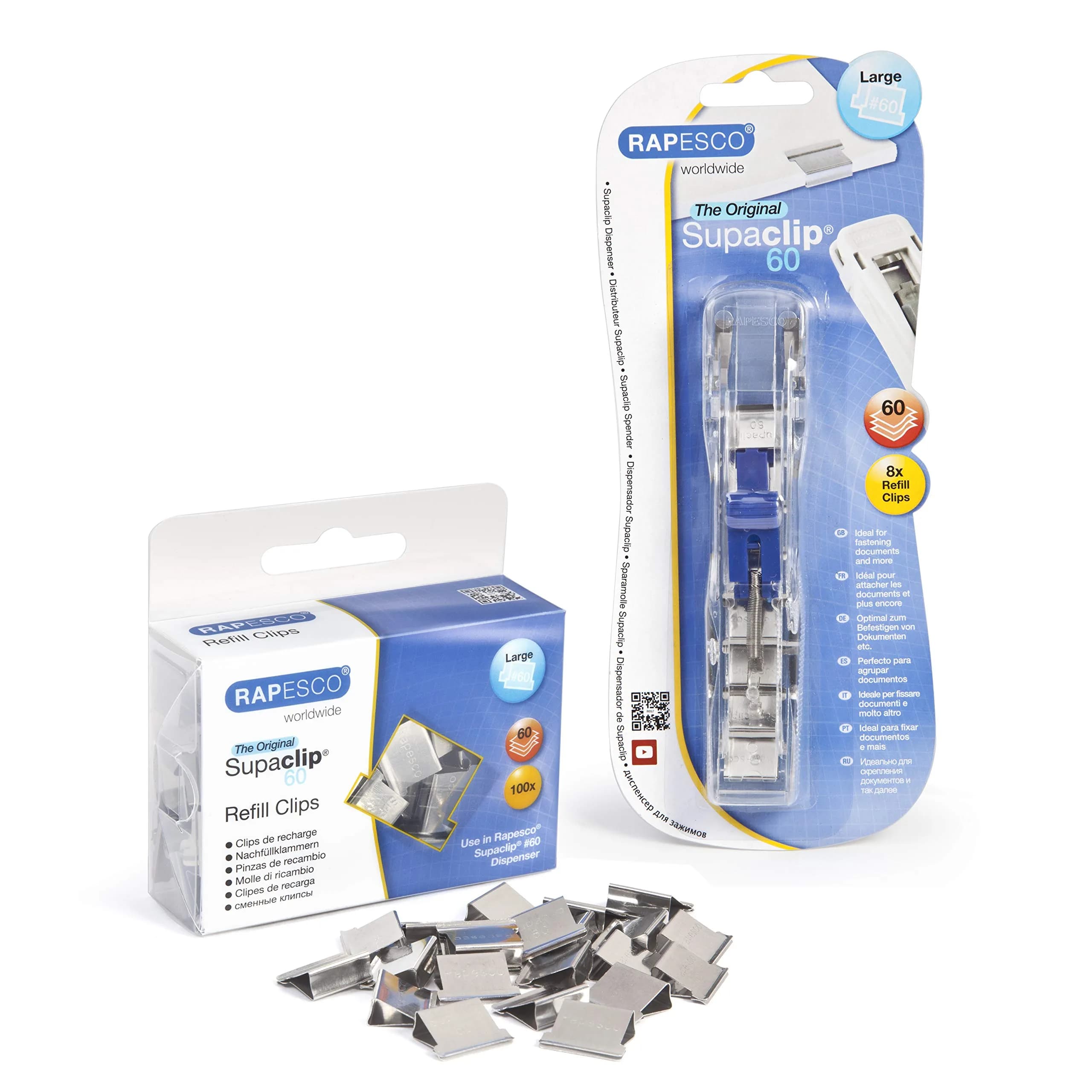 RAPESCO Supaclip 60 Kit Dispenser with 108 Stainless Steel Refill Clips | Binds up to 60 Sheets — Transparent