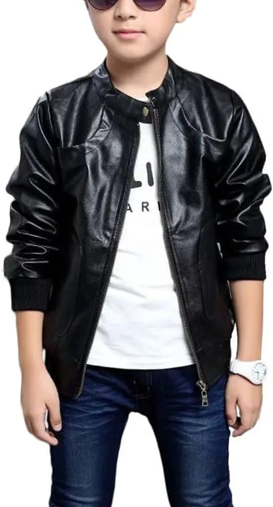 Chinaface Boy's Trendy Stand-Collar PU Leather Spring Moto Jacket Black 11-12 Years | Stylish & Warm