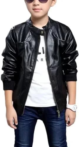 Chinaface Boy's Trendy Stand-Collar PU Leather Spring Moto Jacket Black 11-12 Years | Stylish & Warm thumbnail 1