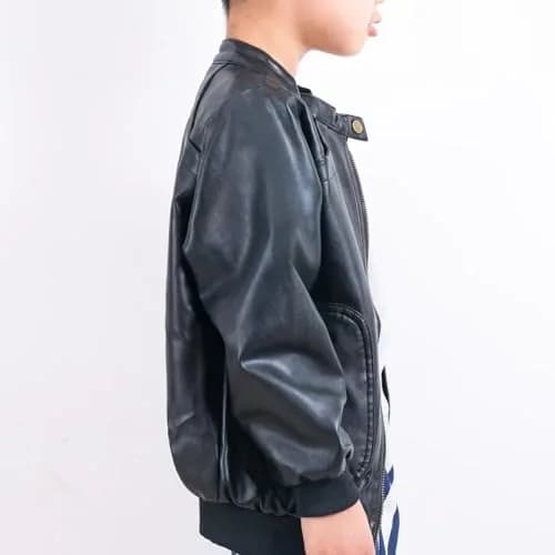 Chinaface Boy's Trendy Stand-Collar PU Leather Spring Moto Jacket Black 11-12 Years | Stylish & Warm thumbnail 4